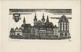 Holzschnitt mit Steyrer H&auml;userfronten (20. Jh.)