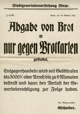 Abgabe von Brot nur gegen Brotmarken, Steyr (18.10.1915)
