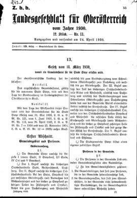 Landesgesetzblatt für Oberösterreich Nr. 13: Gesetz vom 18. März 1930, womit ein Gemeindestatut f...