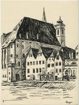 Tuschezeichnung "Steyr Ennskai mit Marienkirche" (1938)