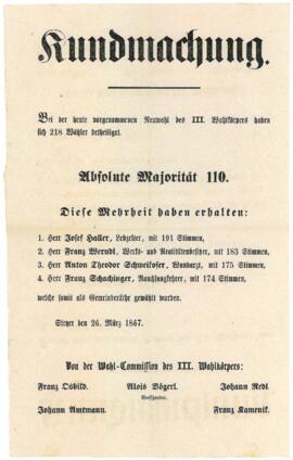 Kundmachung über die gewählten Gemeinderäte Haller, Franz Werndl, Schweikofer, Schachinger (26.3....
