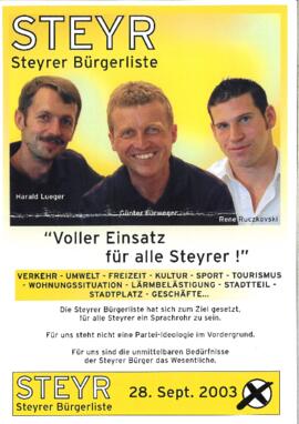 Plakat der Steyrer Bürgerliste für die Wahl am 28.9.2003