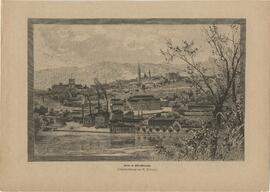 Wehrgrabenansicht mit Schloss, Stadtpfarrkirche und Voglsang, nach einer Zeichnung von R. Püttner...