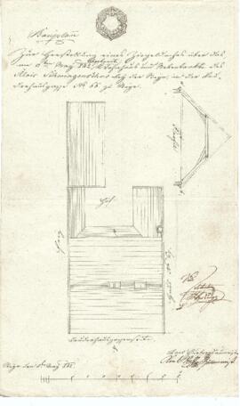 Sierninger Straße 46: Dachaumittlung nach Brand, Plan von Karl Hueber u. Karl Stohl (08.05.1842)