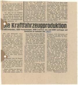 Artikel "Die Kraftfahrzeugproduktion. 27.000 Motorräder, 4200 Personenwagen, 9000 Traktoren ...