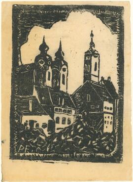 Bürgerspital mit Michaelerkirche, Linolschnitt von &quot;PF&quot; (ca. 1930er)