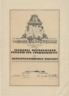 Aufnahme als korrespondierendes Mitglied der Wiener Bauhütte (März 1926)