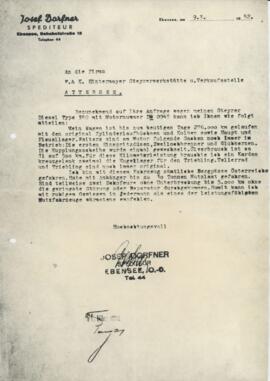 Anerkennungsschreiben von Josef Dorfner, Spediteur aus Ebensee (09.03.1952)