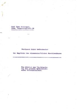 Watzinger, Carl Hans: Ferdinand Jakob Redtenbacher. Der Begründer des wissenschaftlichen Maschine...