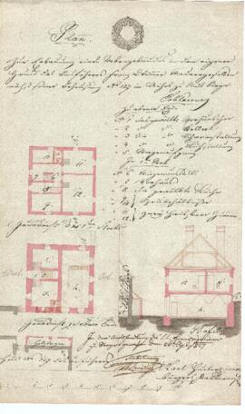 Aichetgasse 14: Errichtung zweigeschossiger Trakt, Plan von Karl Hueber jun. (26.04.1837)