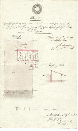 Wieserfeldplatz 4: Errichtung von Holzlagen, Plan von Heinrich Börstlinger (06.09.1842)