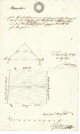 Schuhbodengasse 1: Dachausmittlung nach Brand, Plan von Sebastian Pühringer (15.05.1842)
