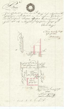 Schuhbodengasse 3: Errichtung einer Holzlage, Plan von Karl Hueber (31.08.1842)