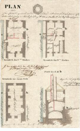 Enge Gasse 18: Errichtung eines Schornsteines, Plan von Karl Hueber jun. (04.07.1839)
