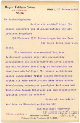 Antwortschreiben von Feldheim in Mainz an Baron Imhof betreffend Weinreservierung (25.02.1916)