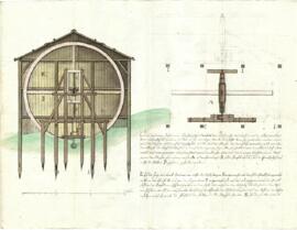Zwischenbrücken 3, 4: Eingehaustes Wasserrad, Schnitt und Grundriss (um 1830)