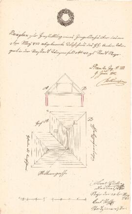 Mittere Gasse 22: Dachausmittlung nach Brand, Plan von Karl Stohl u. Karl Hueber (25.05.1842)