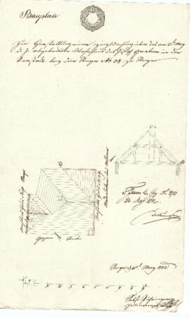 Frauenstiege 6: Dachausmittlung nach Brand, Plan von Sebastian Pühringer (15.05.1842)
