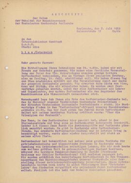 Der Dekan der Fakultät für Maschinenwesen der Technischen Hochschule Karlsruhe an den Österreichi...