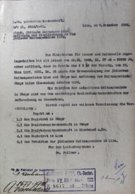 Eingliederung j&uuml;discher Kultusgemeinde nach Linz (Dezember 1938)