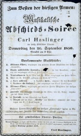 Musikalische Abschieds-Soiree des Carl Haslinger (26.9.1850)