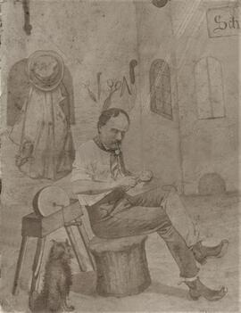 Karikatur von Anton Petermandl mit Hund in einer Werkstatt (o. J.)