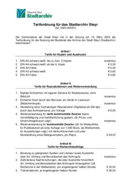 Tarifordnung für das Stadtarchiv Steyr (2022)