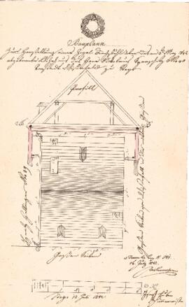 Zachhubergasse 4: Einreichplan Dachausmittlung nach Stadtbrand, Plan von Joseph Huber (12.07.1842)