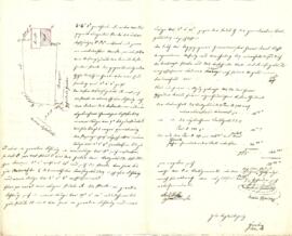 Gaswerkgasse 6, 8, 10, 12: Grundstücksverkauf, Schriftstück mit Lageskizze, Blatt 1 (14.03.1849)