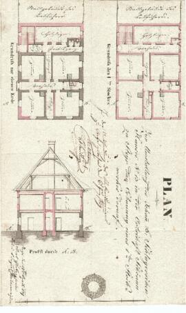Viaduktgasse 11: Erweiterung und Aufstockung des Gebäudes, Plan von Karl Hueber jun. (27.04.1839)