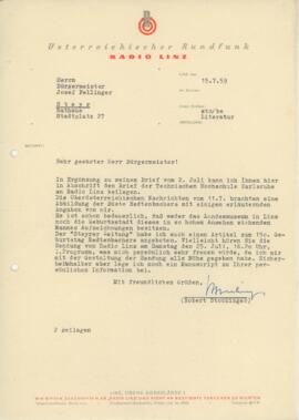 Der Österreichische Rundfunk Radio Linz an Bürgermeister Josef Fellinger (15.07.1959)