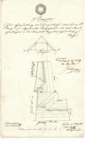 Kirchengasse 18: Dachausmittlung nach Brand, Plan von Karl Hueber u. Karl Stohl (18.05.1842)
