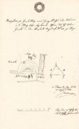 Wieserfeldplatz 48: Dachausmittlung Stadtmauerturm nach Brand, Plan von Karl Stohl (19.07.1842)