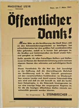 Dank des Bürgermeisters Steinbrecher an die Bevölkerung wegen der Mithilfe bei der Schneesäuberun...