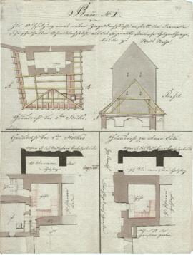 Brucknerplatz: Gilgentor-Abtragung, Errichtung neuer Dachstuhl sowie neuer Aufgang zum Turm (1830)